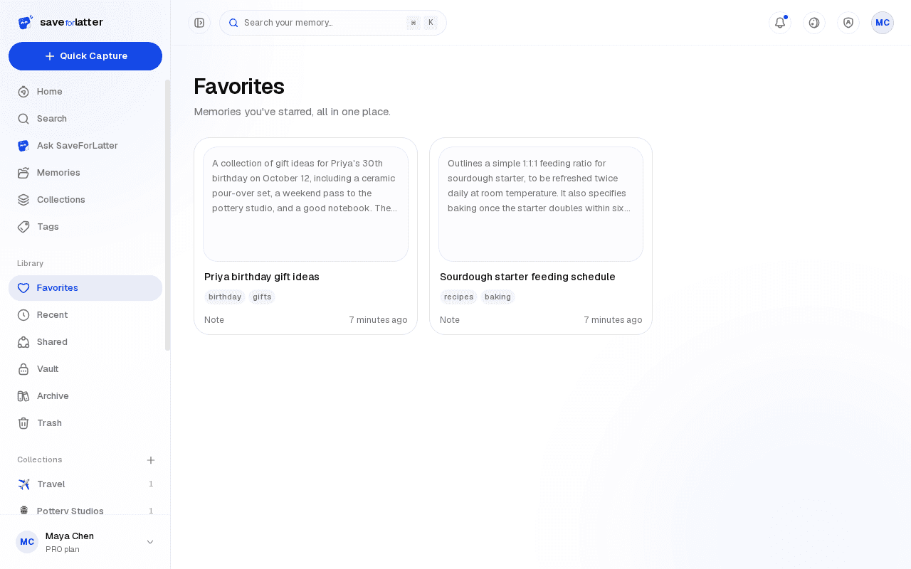 The Favorites page