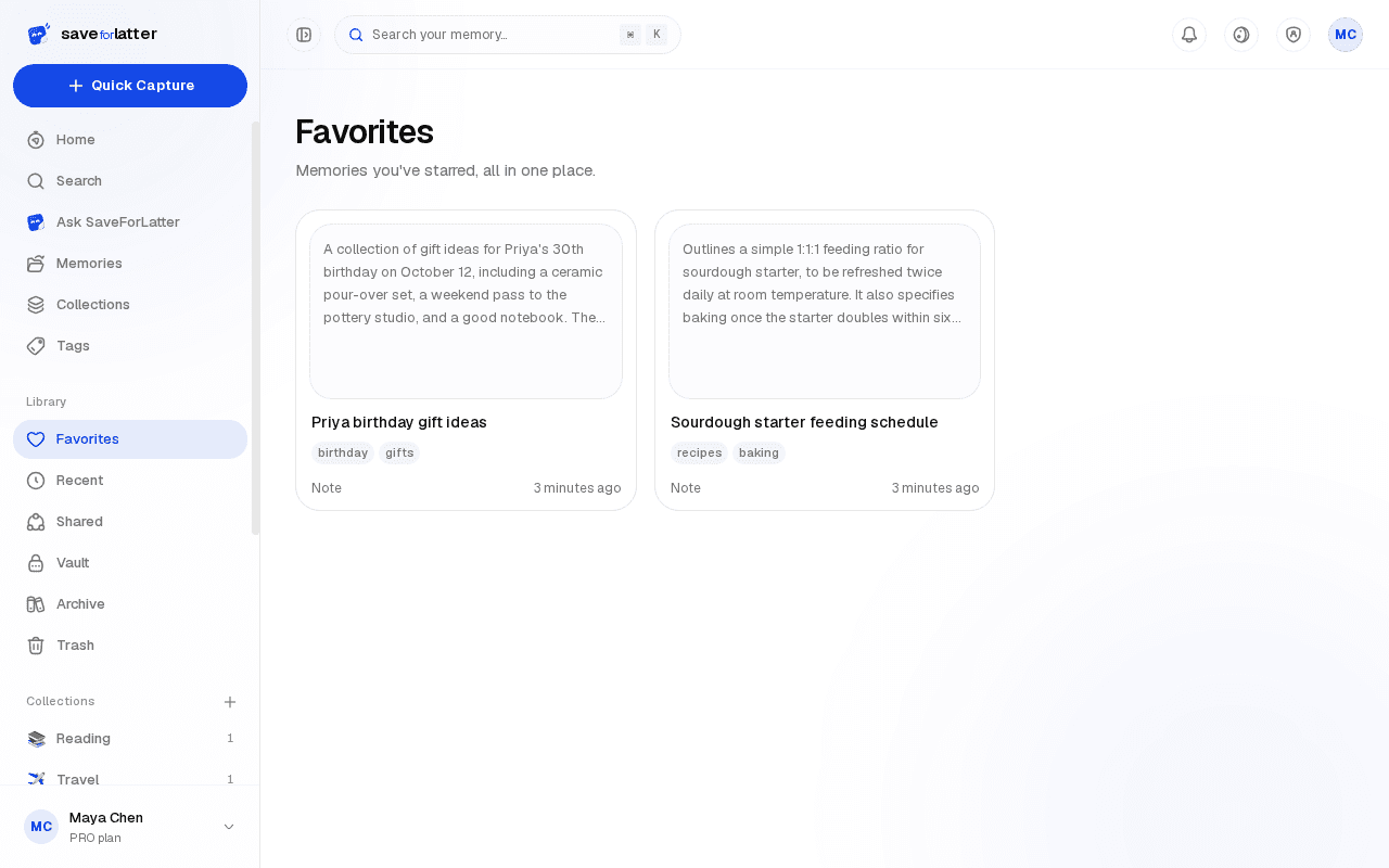 Favorites, Archive & Trash screen