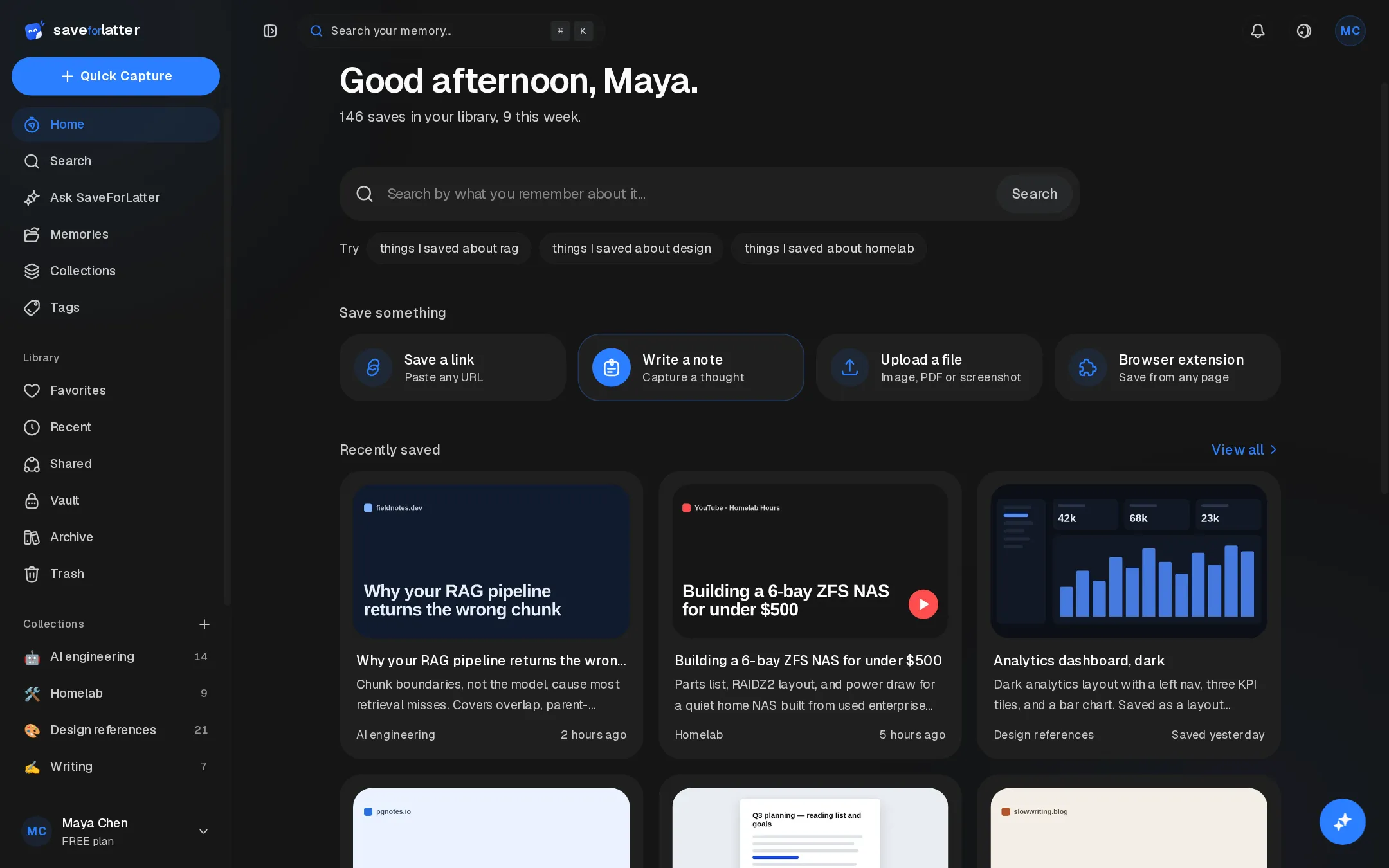 Savedly Home: a greeting, a search box, quick-save actions, and recently saved items with link previews