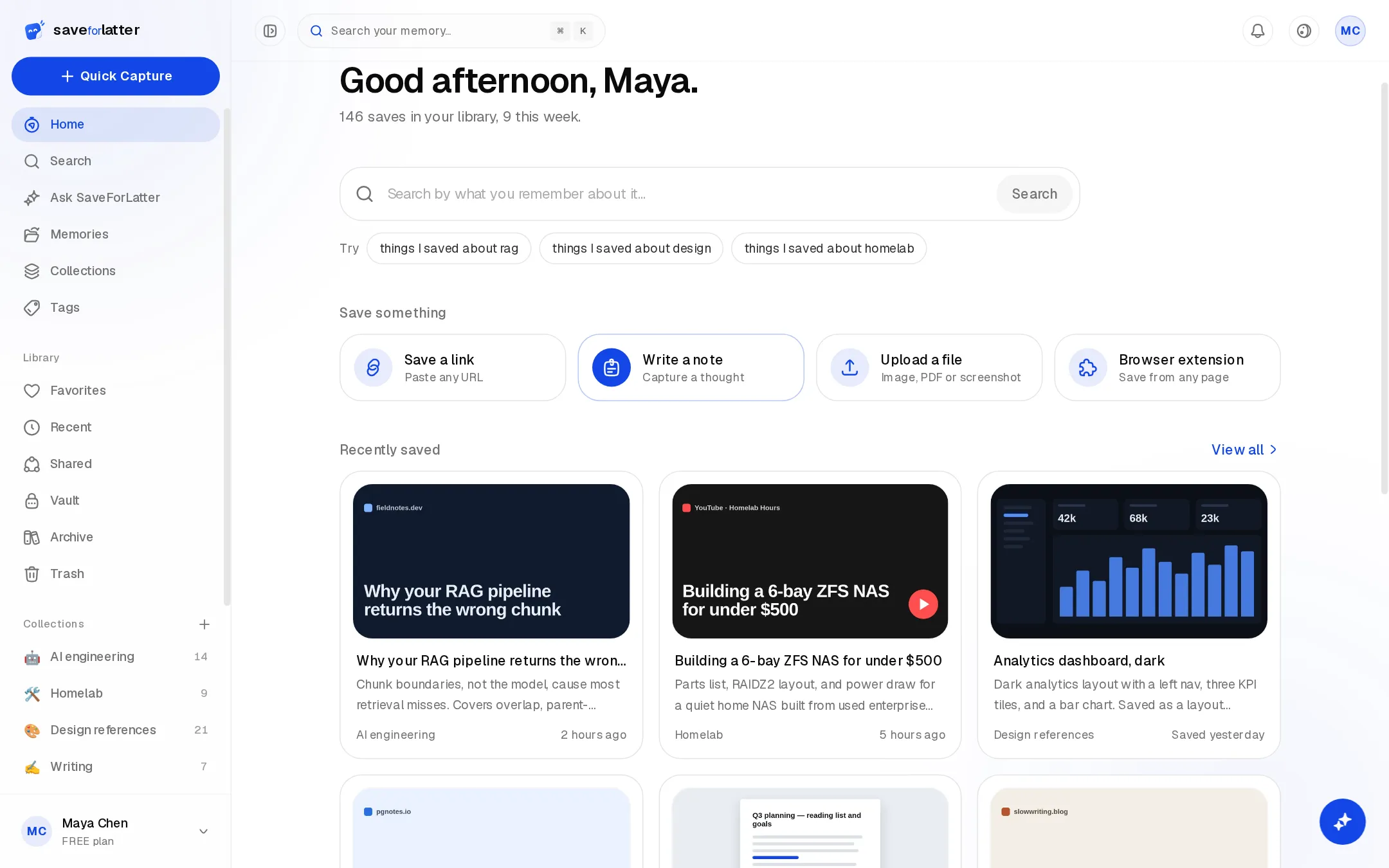 Savedly Home: a greeting, a search box, quick-save actions, and recently saved items with link previews