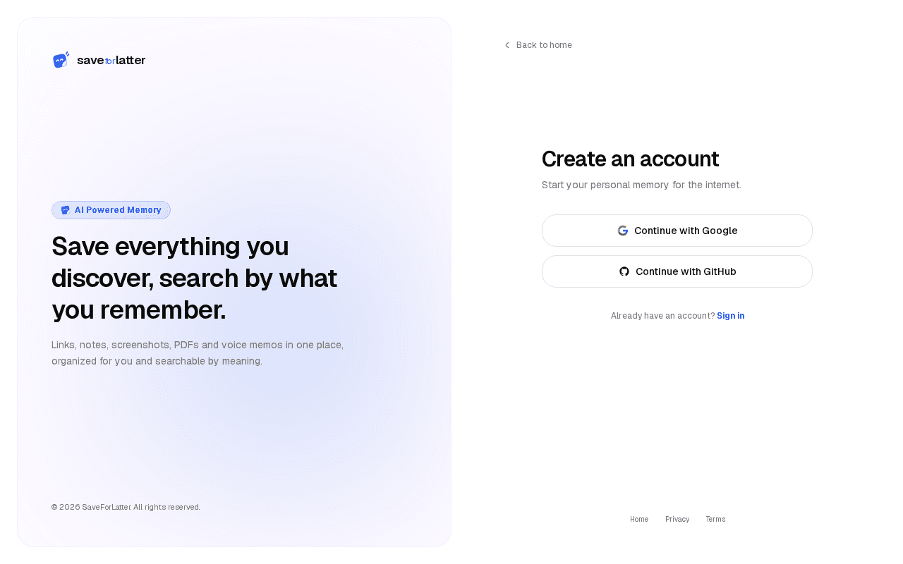 The sign-up page, with Google and GitHub sign-in